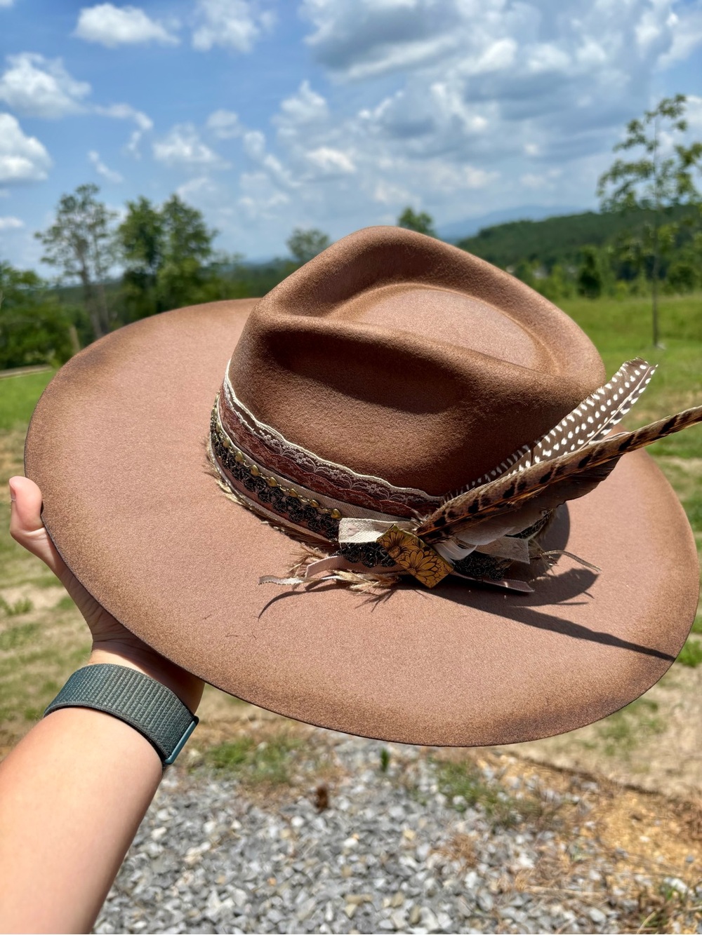 Boho Brown Wool Wide-Brim Hat with Feather Trim